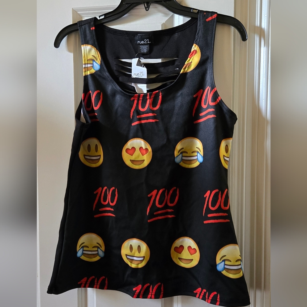 Rue21 Girls Black and Red Emoji Tank Top With Cuts In The Back Vintage Y2k